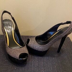 Jessica Simpson Black and Gray Sparkly Slingback Heels